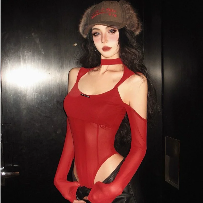 

Sweet And Spicy Girl Long Sleeve One Shoulder T-Shirt Onesie Women's Sexy Slimming Chic Top Low Waist Shorts Polyester