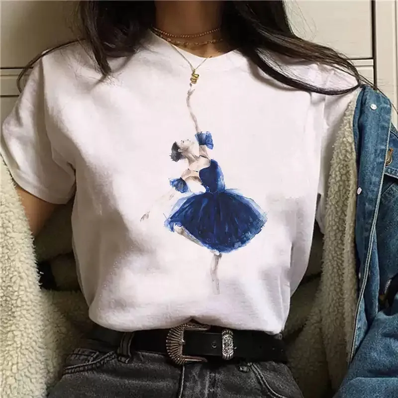 Maycaur New Ballet Printed T Shirt Harajuku Women T Shirt Cartoon Graphic Tops Tees White Ladies T-shirt Casual Woman Shirt