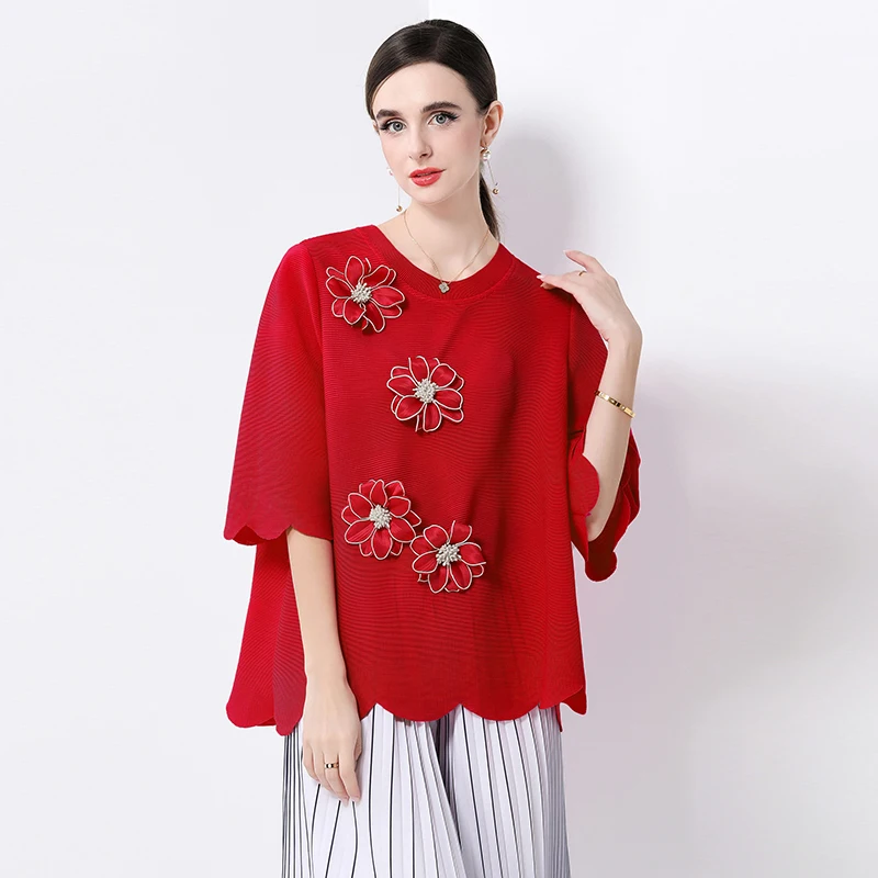 

Женская футболка свободного кроя с круглым вырезом, украшенная бусинами и цветами, коллекция Весна 2026, из полиэстера, повседневная одежда