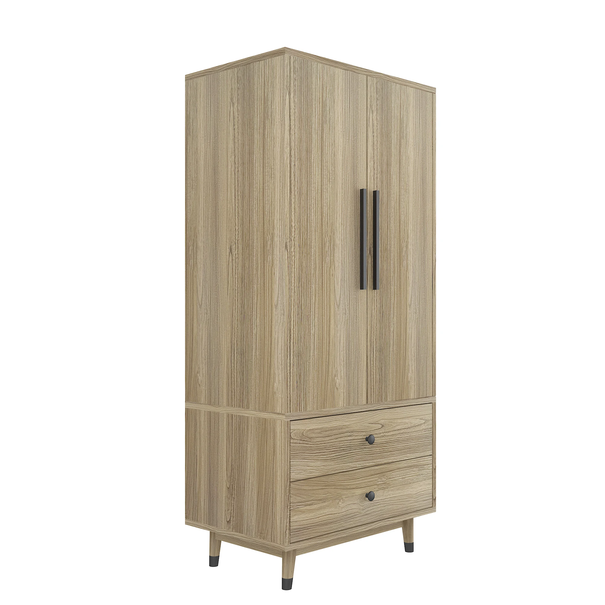 Tablero de densidad pegado con triamina 9398-1, color roble, pies de cobre negro, 2 puertas, 2 cajones con riel para ropa, armario de madera