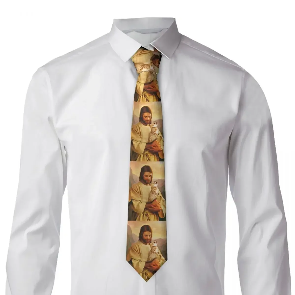 

Christ And His Cat Tie Oil Painting Graphic Neck Ties Cool Fashion Collar Tie Men Leisure Necktie Accessories