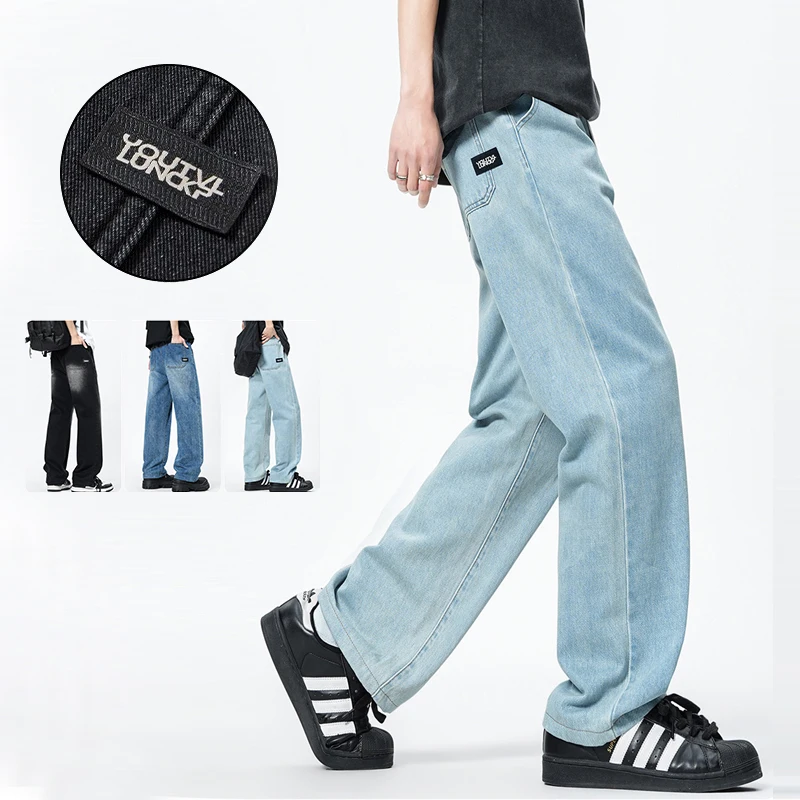 Men's Jeans Spring Summer Cotton Loose Wide Leg Washed Denim Pants Streetwear Retro Casual Straight Trousers Blue Grey