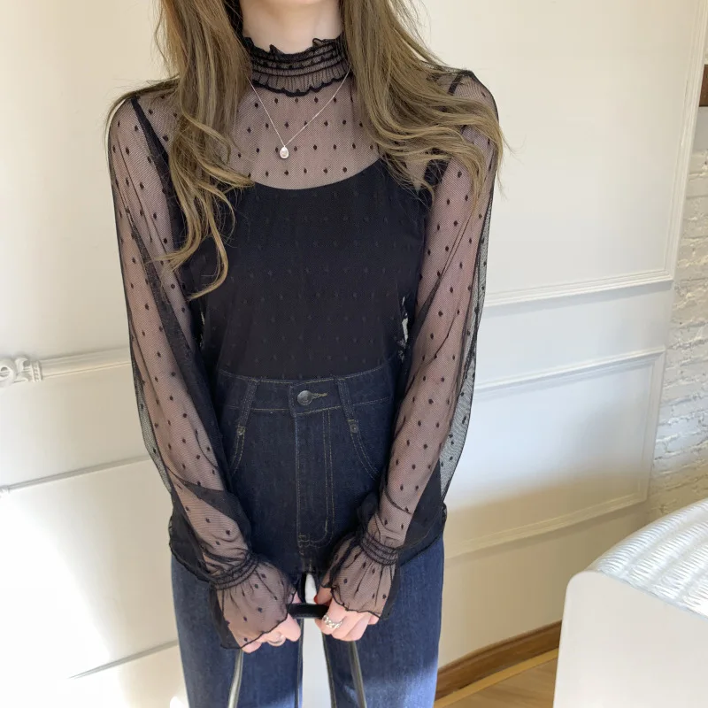 M-XL جديد المرأة الدانتيل قميص ربيع الخريف طويلة الأكمام مثير شبكة قاع قميص بلوزة الزي الداخلي البلوز العلوي (بدون سترة)