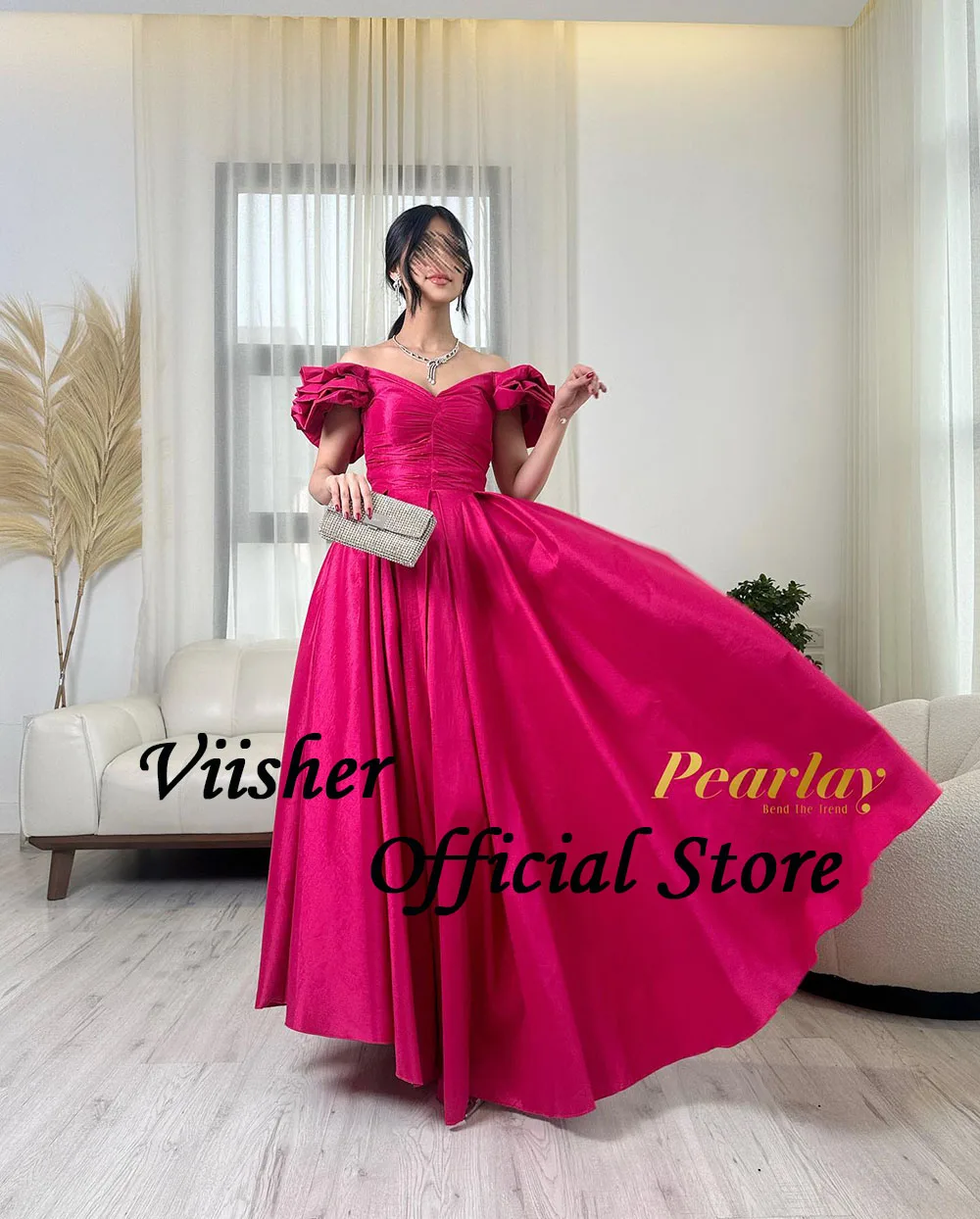 Viisher Fuchsia Satijn Off Shoulder Avondjurken Een Lijn Prinses Formele Galajurk Plooien Lange Dubai Arabai Avondfeestjurk