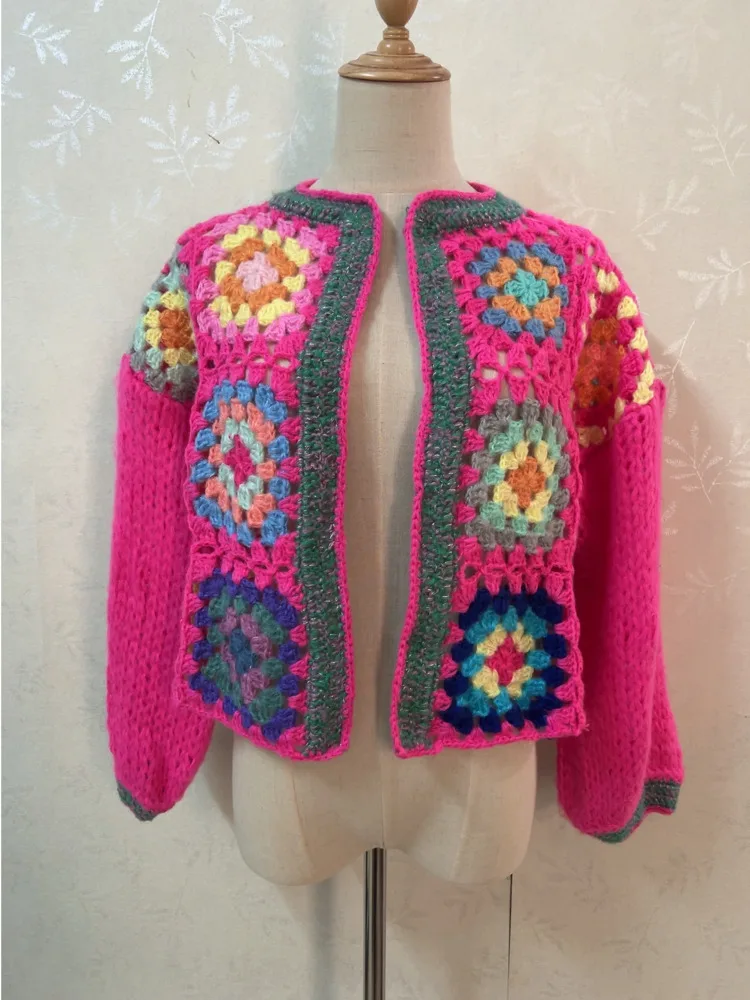 2023 BOHO Rose Pink Plaid Flower Hand Crochet Cardigan Ethnic Woman O Neck Full Sleeve Open Stitching Sweater Knitwear Jumper