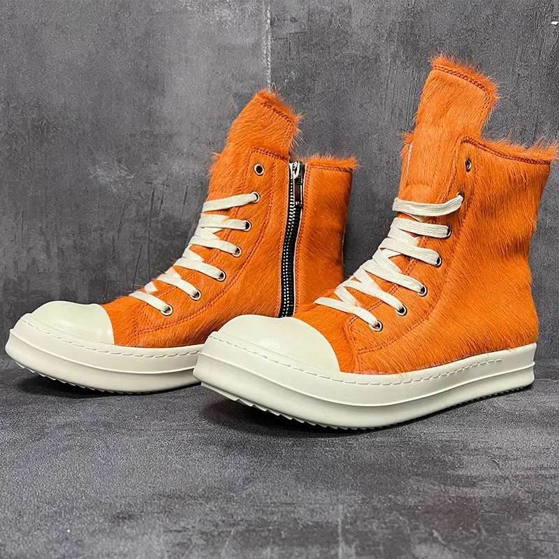 Owen Seak Men Women High Top Boots Casual Platform Sneakers Horsehair Leather Luxury Trainers Lace Up Zip Autumn Orange Shoes