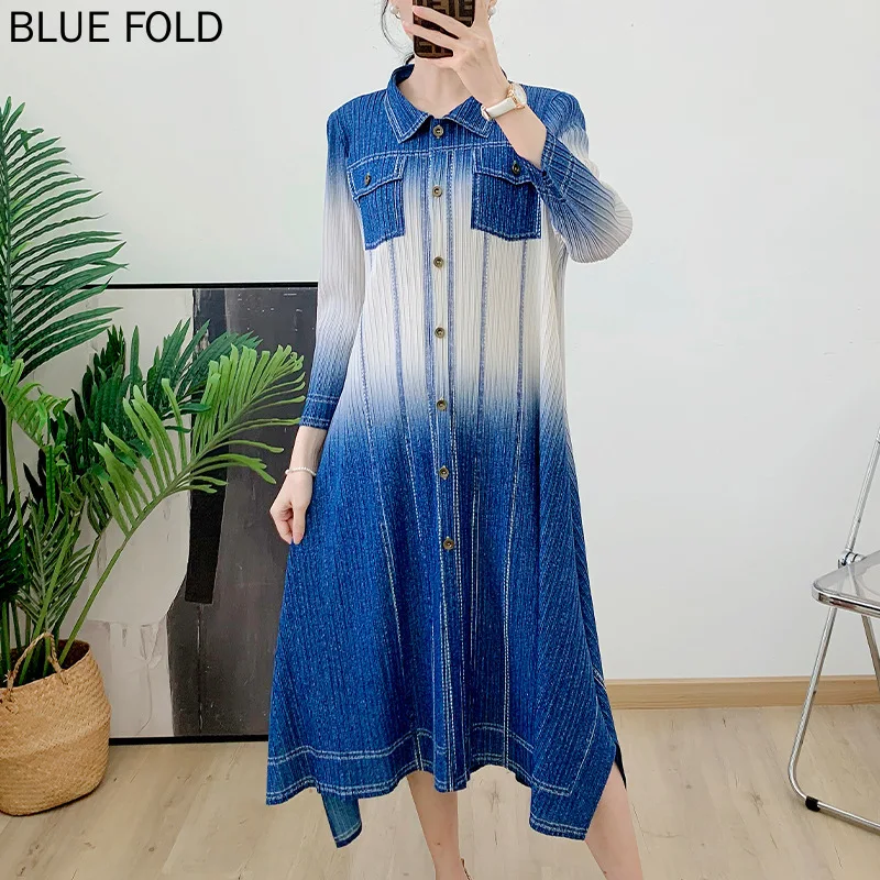 

MIYAKE PLEATS Retro Denim Print Dress for Women Autumn New Style Pleated Straight Slim Long Dress Casual Vestido High Quality