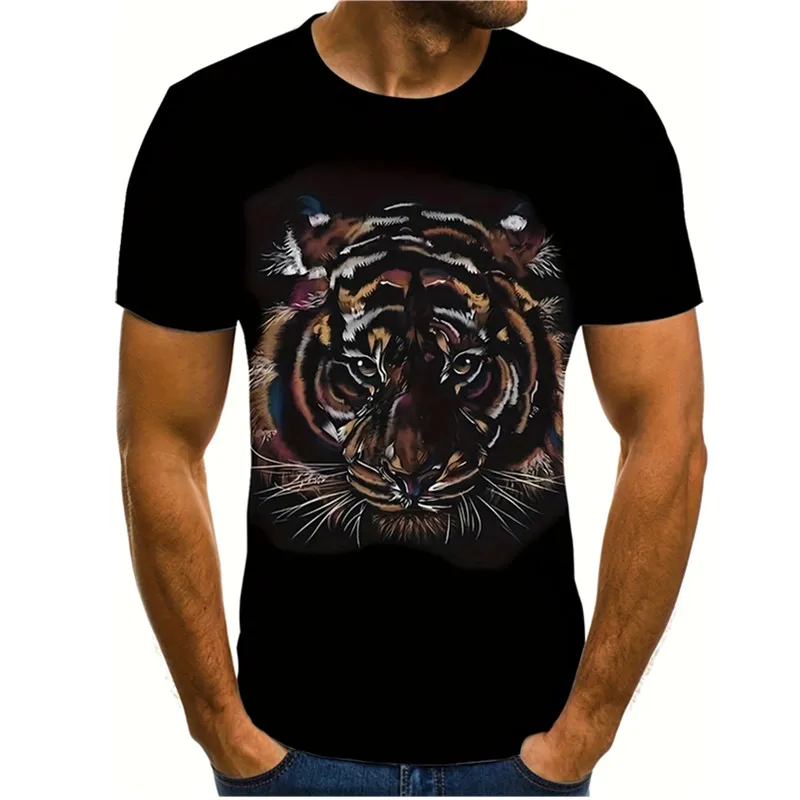 Big Size Men Cotton T-Shirt Summer Short Sleeve Casual Loose Tops 3D Fierce Animal Tiger Pattern Print Tops