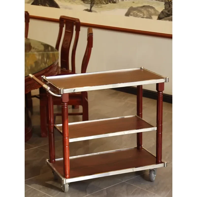 Wooden catering multi-functional service dining cart, hand push mobile trolley, hotel commercial food delivery side dish cart, w