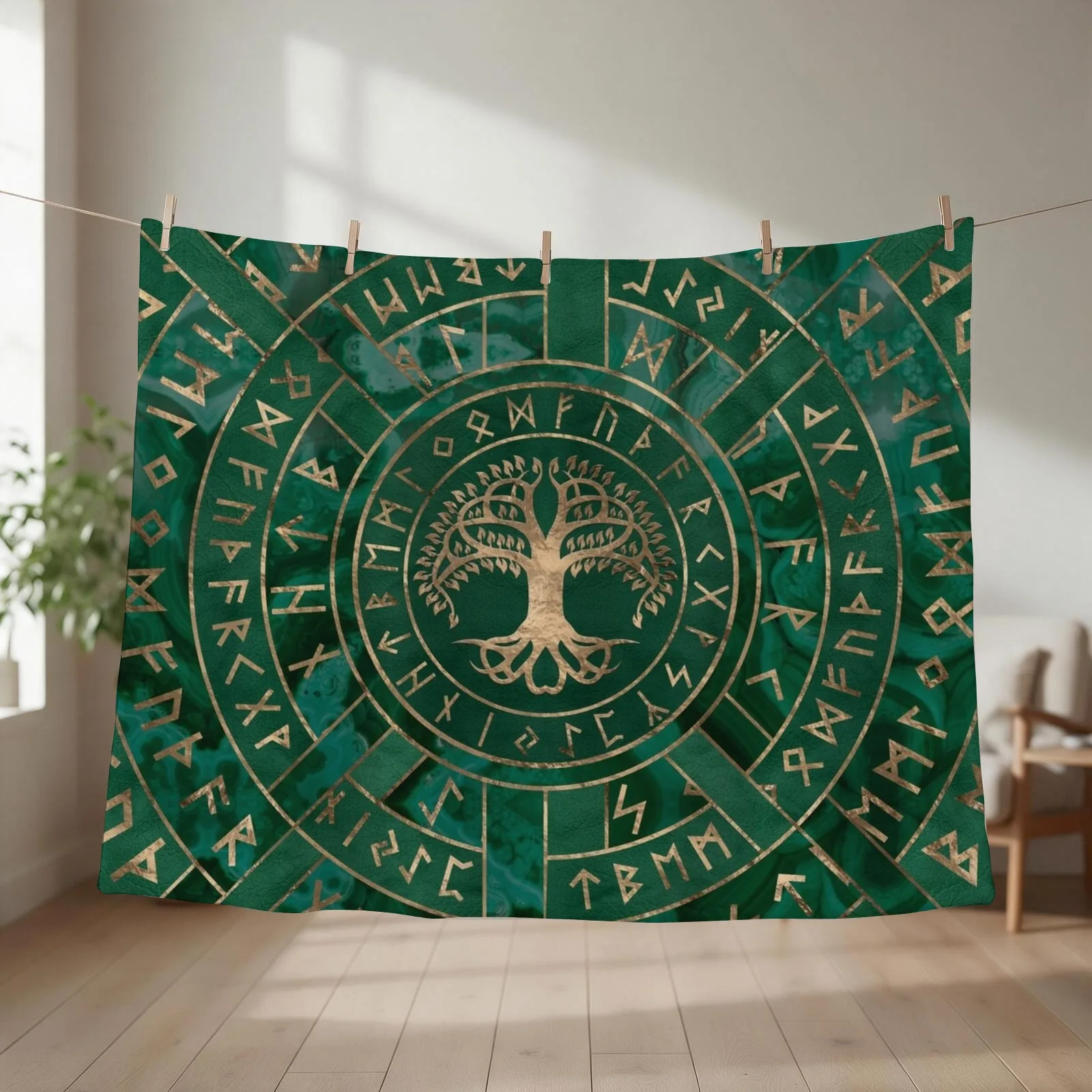 Tree of life -Yggdrasil and Futhark - Malachite Throw Blanket couch cozy soft plush fuzzy picnic outdoor blanket