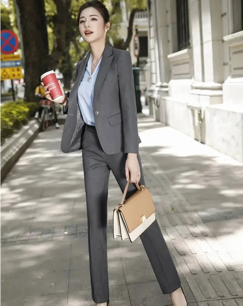 High Quality Fabric Eleagnt Grey Blazers Women Business Suits With Jackets and Pants Ladies Office Work Wear Pants Suits Blazer