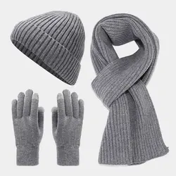 Winter knitted hat set Women Men scarf gloves three-piece set outdoor cold warm thickened set adult