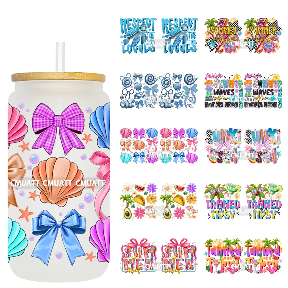 

Summer Beach Coquette Girly Clam Pearl Bow UV DTF Wrap Transfer Sticker Custom Waterproof Logo For 16OZ Libbey Glass Can Tumbler