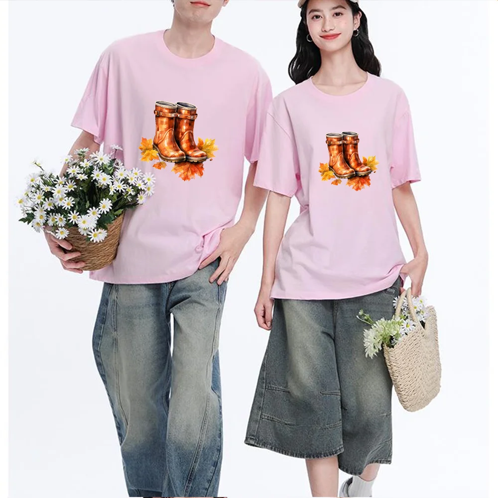 Autumn Rain Boots With Maple Leaves Printed T Shirt Breathable Fabric S-XXL Personalized Custom Casual Short Sleeve Tee Aestheti