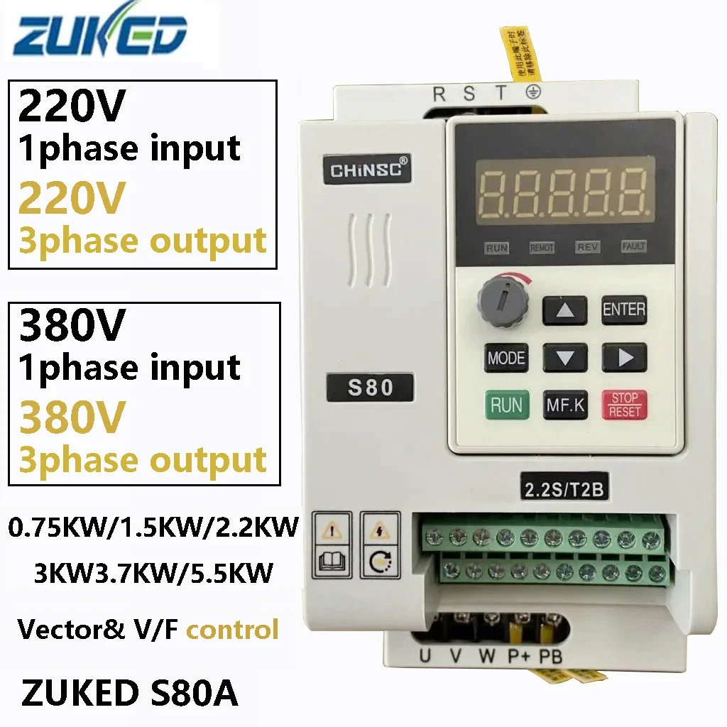 ZUKED VFD 0-999HZ vector inverter VFD  1.5 2.2 3.7 5.5kw 220V 380V output inverter variable frequency drive braking resistor