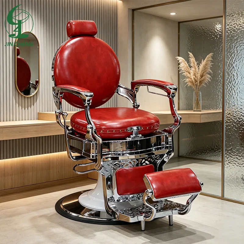 JINCHENG Modern Red Barber Chair Stainless Steel Frame Leather Seat Chrome Base Foldable Height Adjustable Durable Commercial