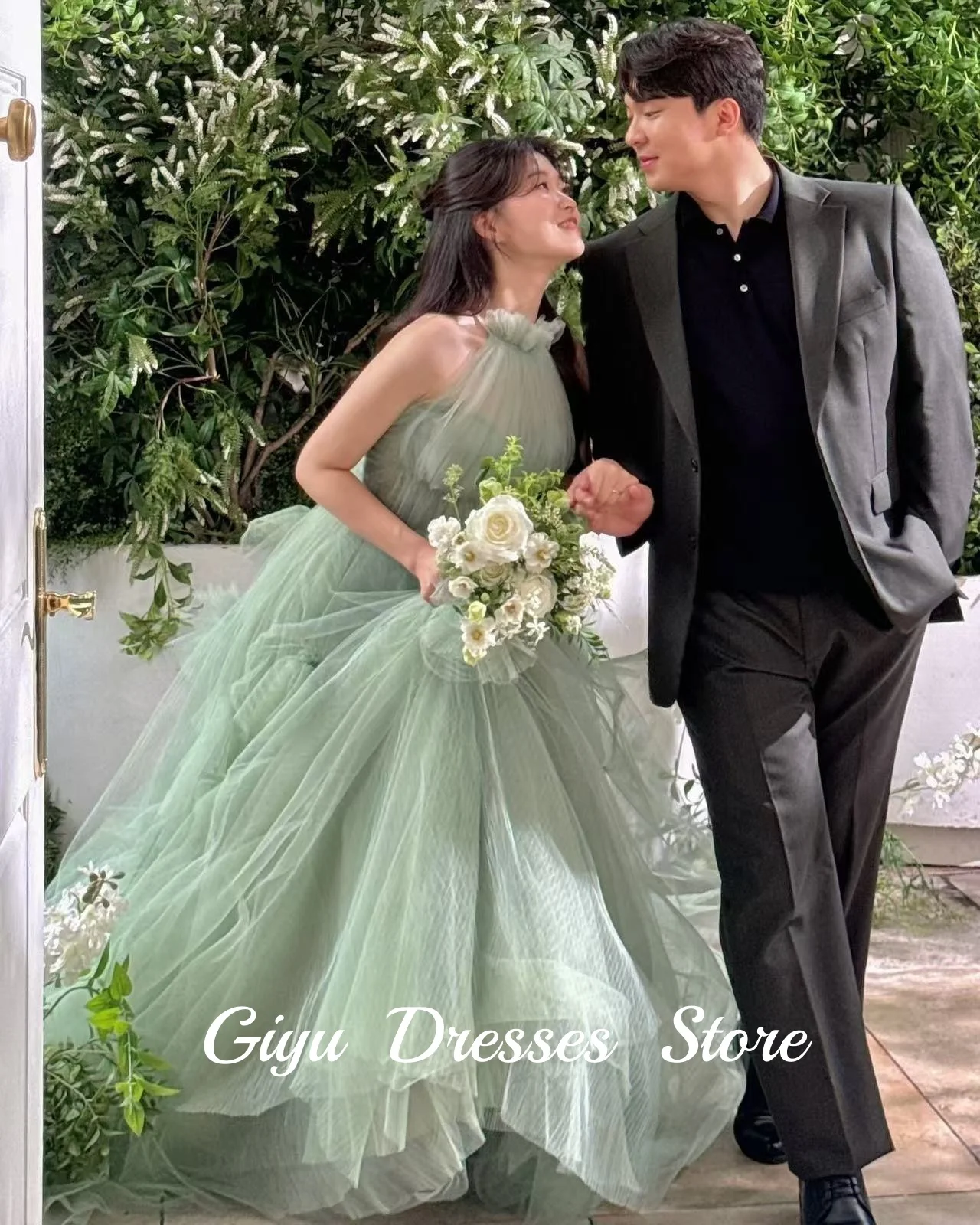 Giyu Principessa Abiti da sposa verdi Halter Tulle senza maniche Corea Matrimonio Servizio fotografico Abito da sposa Abito da sposa Lunghezza pavimento Personalizzato