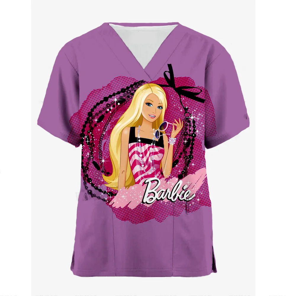 Medical Nurse Uniforms Women Medical Barbie print Scrub Shirts Clinical V-neck Blouse Cartoon Pocket Scrubs Top Beauty Work