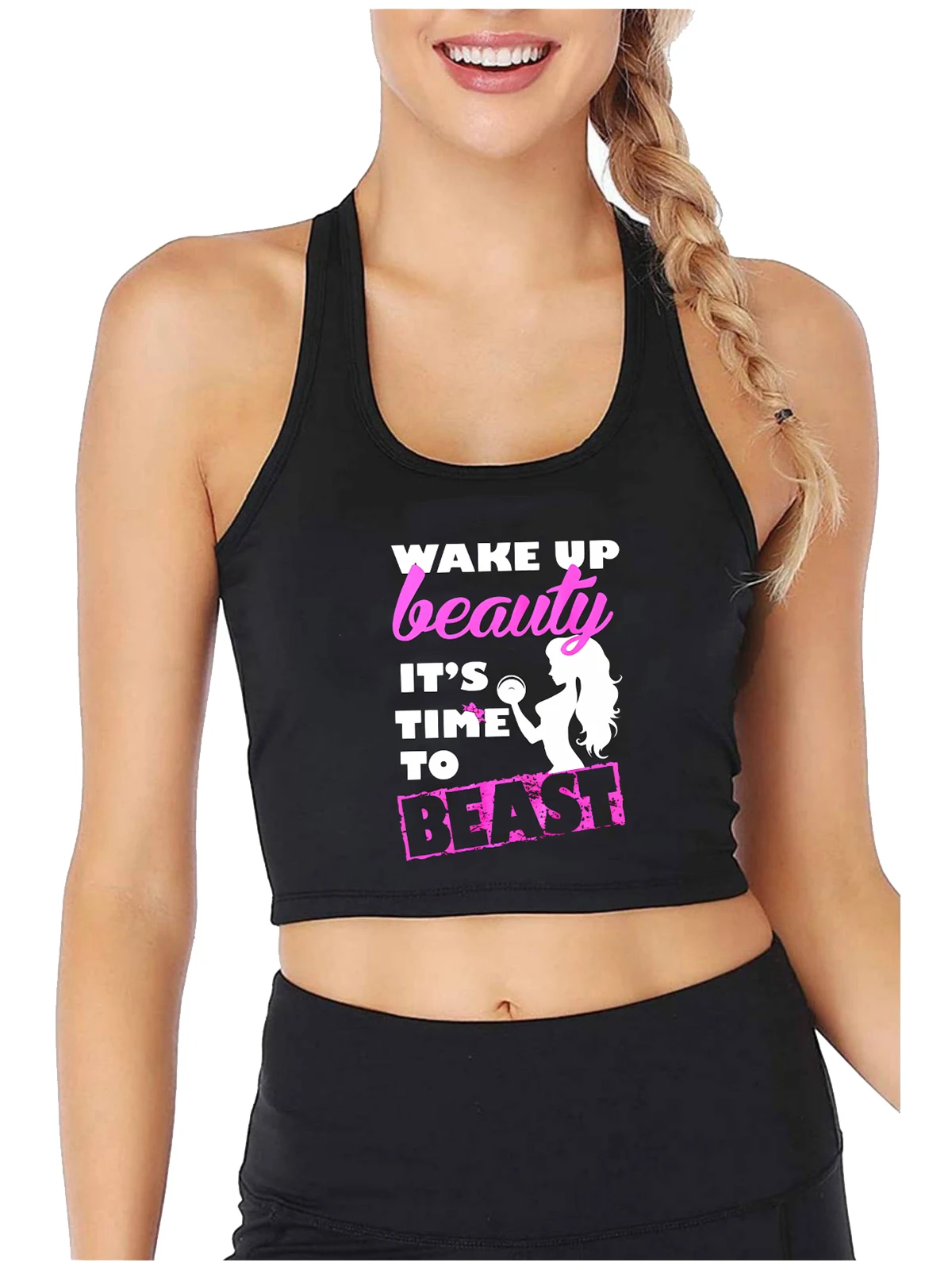 

Gym - Wake Up Beauty It's Time To Beast Design Sexy Slim Crop Top Women's Sports Fitness Workout Tank Tops Cotton Camisole