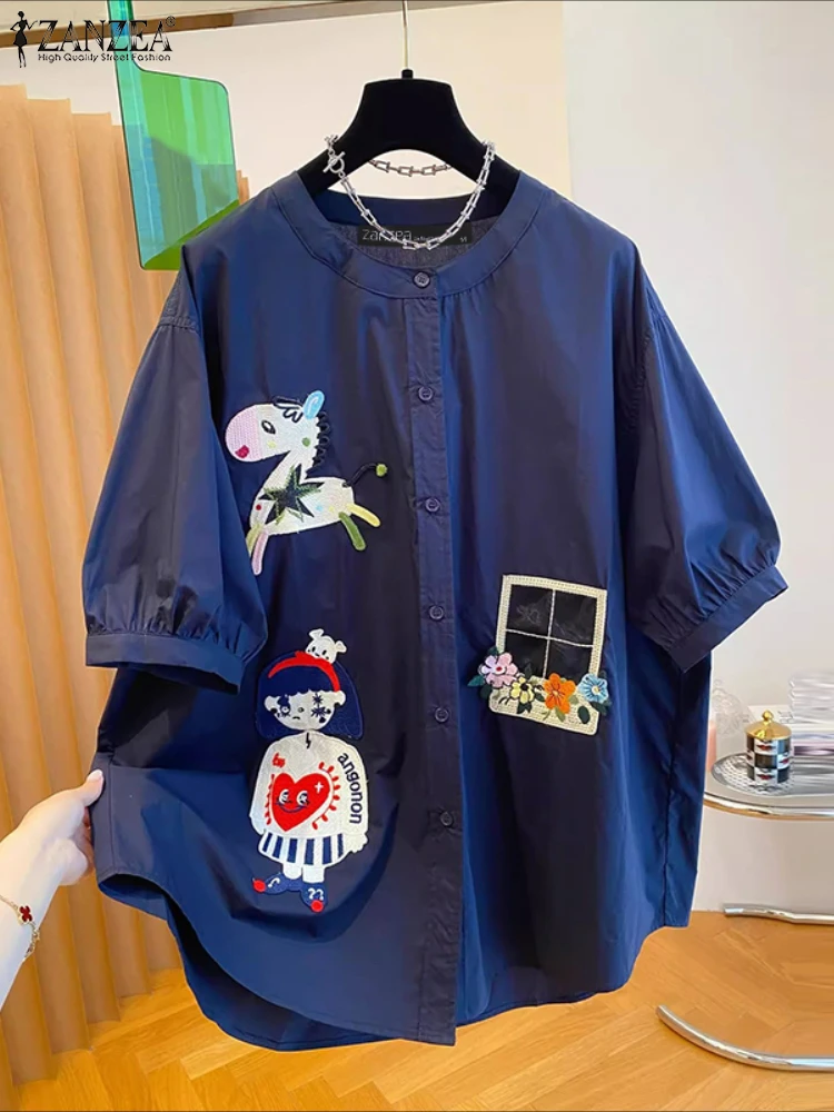 ZANZEA Summer Shirts Fashion Women O Neck Short Sleeve Blouse Casual Buttons Blusas Stylish Cartoon Tops Female Chemise Oversize