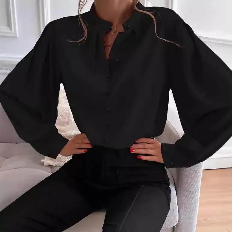 Women's Long Sleeve Shirt with Semi Open Collar Stand up Swedish Style Commute Fashion Other Fabric Lantern Sleeve Pure Color view 4