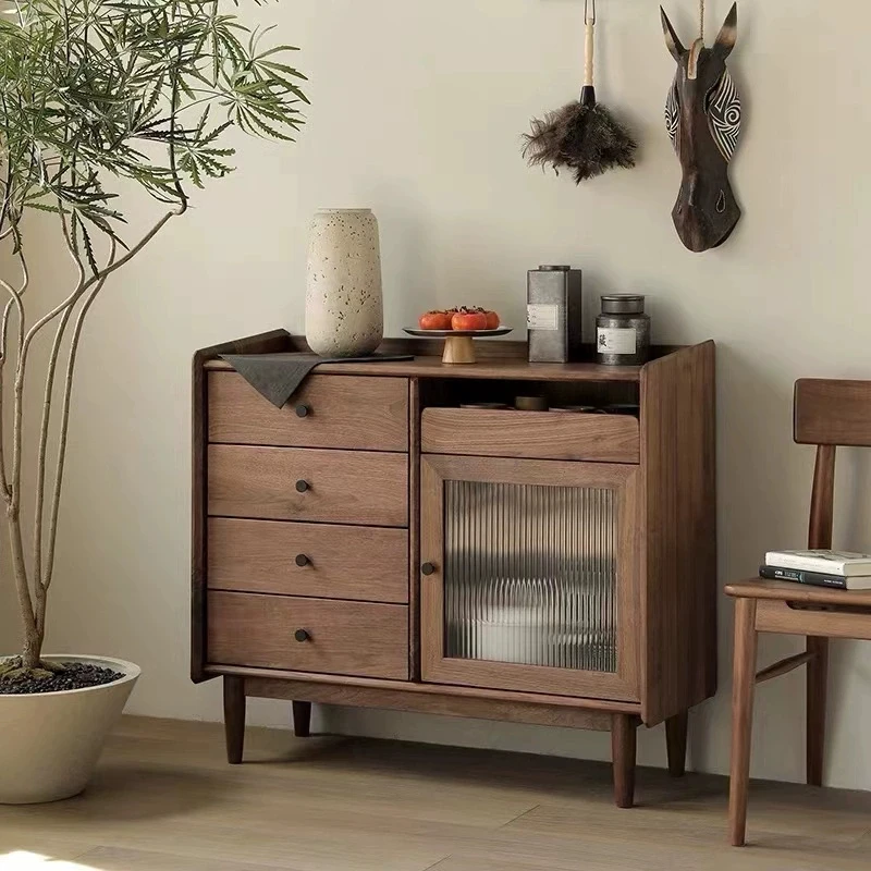 Japanese-style solid wood dining side cabinet Nordic black walnut multi-functional living room tea cabinet Modern simple side