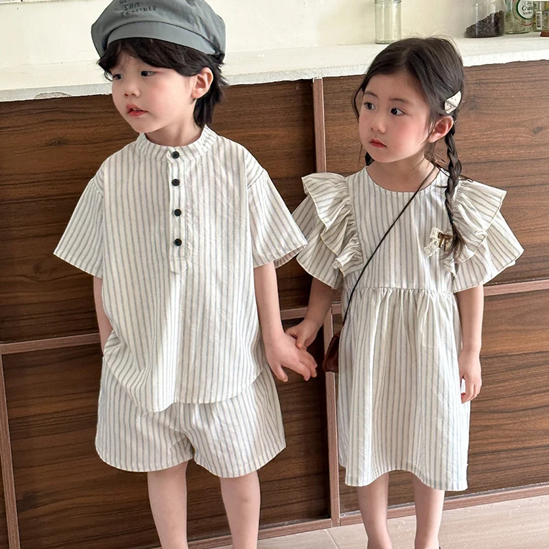 2024 New Summer Korean Japan Style Children Clothes Baby Girl Party Dress Baby Boys Clothing Set Cotton Brother Sister Clothing