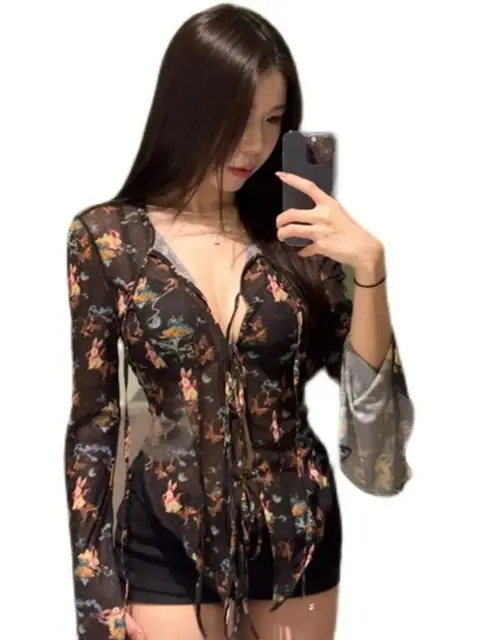 2025, Blusas Mujer De Moda Druck Kaninchen Druck Bluse Frauen Mode Chiffon Langarm Shirts Bandage Unregelmäßige Durchsichtig Tops