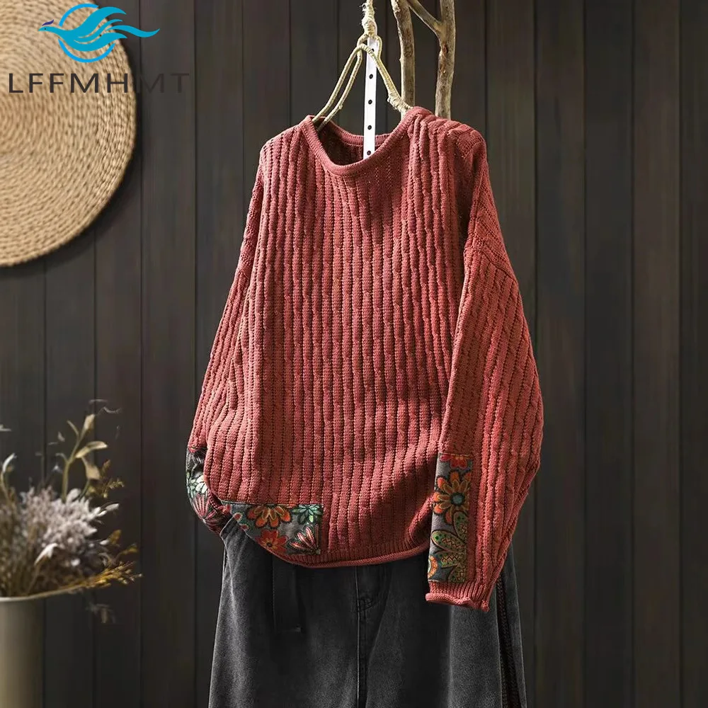 

Winter Fall Fashion Vintage Sweater Women's O-neck Loose Casual Lazy-style Casual Pullover Tops Flower Print Patchwork Knitwear