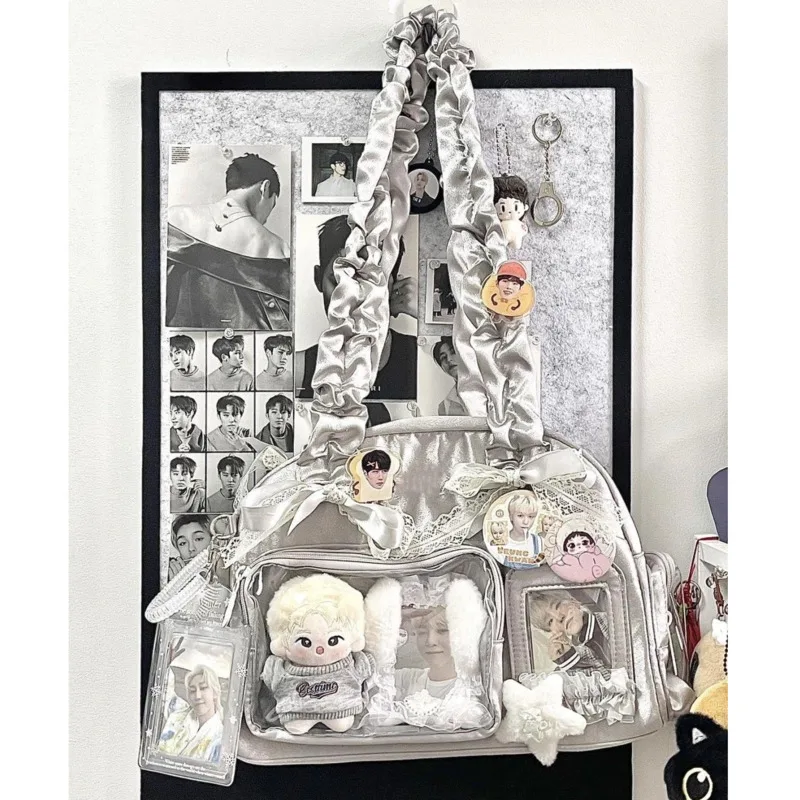 

Women's Handbags Bow Y2K Itabag Transparent Baby Cloud Bag Wrinkled Lace Itabag Ribbon Bar Millet Anime Shoulder Bag Zipper New