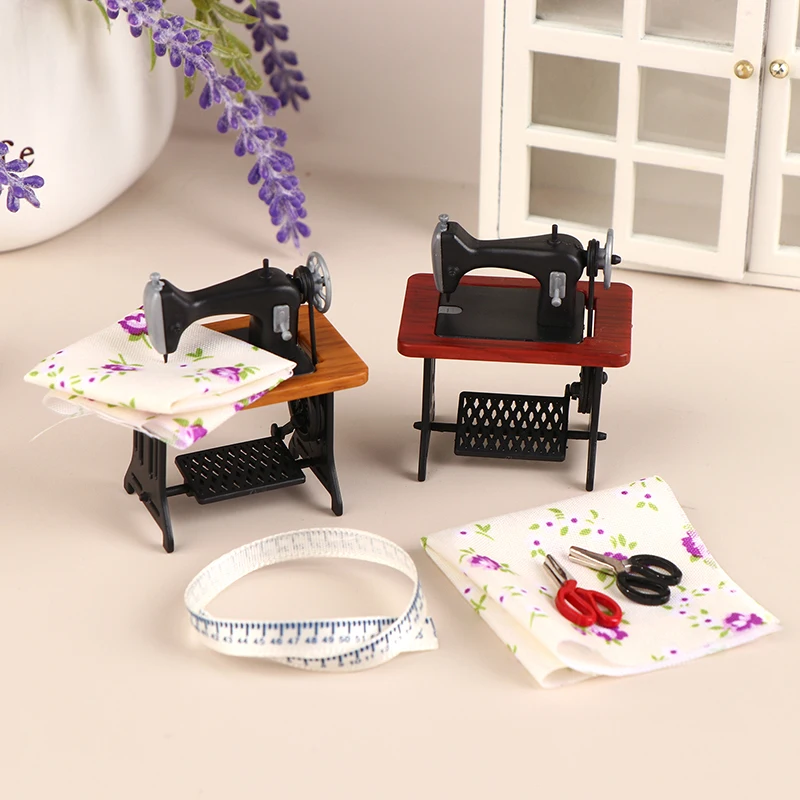 

1Set 1:12 Dollhouse Miniature Vintage Foot Sewing Machine Ruler Scissors Furniture Model Decor Toy Doll House Accessories