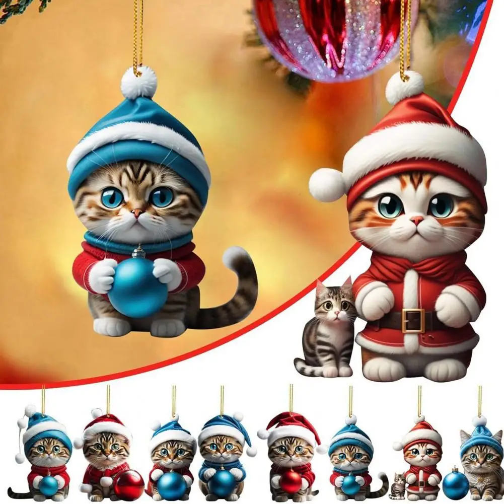 Acrylic Christmas Cat Ornament Xmas Tree Decor Hanging Backpack Keychain Holiday Accessory For Car Rearview Mirror Bag Key