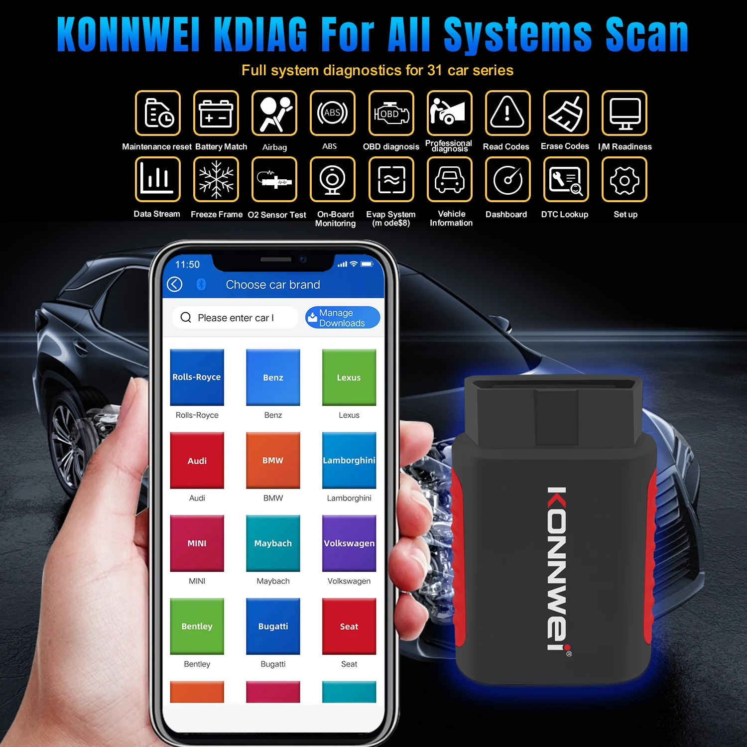 

2024 OBD2 Scanner Diagnostic Tool KONNWEI KDIAG Full System OBD II EOBD Bluetooth 2.1Code Reader Oil Reset Battery Match Scanner