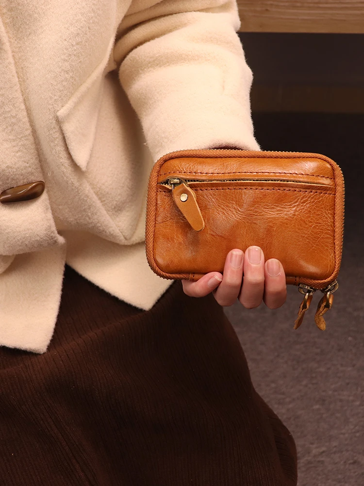 

UNIELAINE Ретро верхний слой дубленой воловьей кожи Многофункциональный чехол для ключей из натуральной кожи Большой емкости Маленький кошелек-клатч