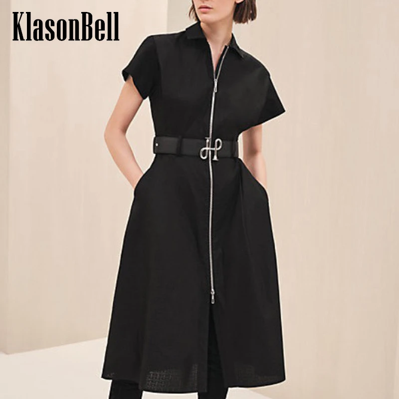 

5.13 KlasonBell Solid Cotton Jacquard Zipper Dress Women Simple Fashion With Seahes Collect Waist Short Sleeve Midi Dress