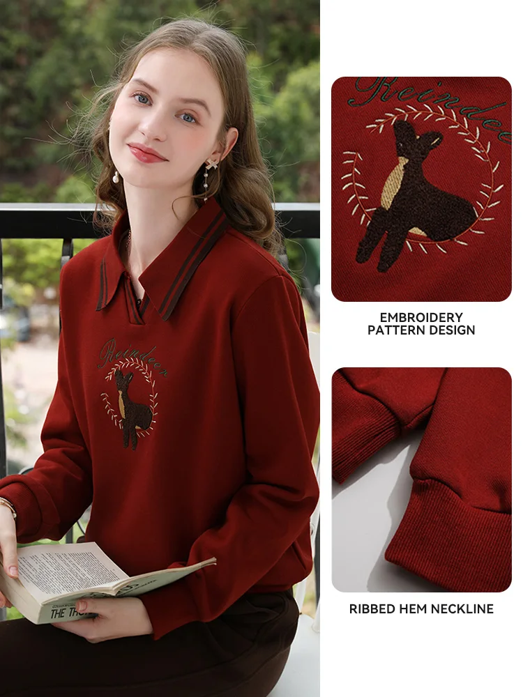 I BELIEVE YOU Red Embroidery Pullover Thickened Warm Polo Collar Sweater Women Soft Touch Sweets Versatile Tops 2244195858