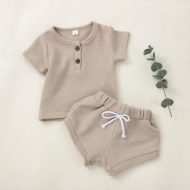 Baby 2PCS Suit, Short Sleeve Plain Buttons O-Neck T-Shirt, High Waist Tie-Up Triangle Short Pants, Toddler Summer Wear Clothes