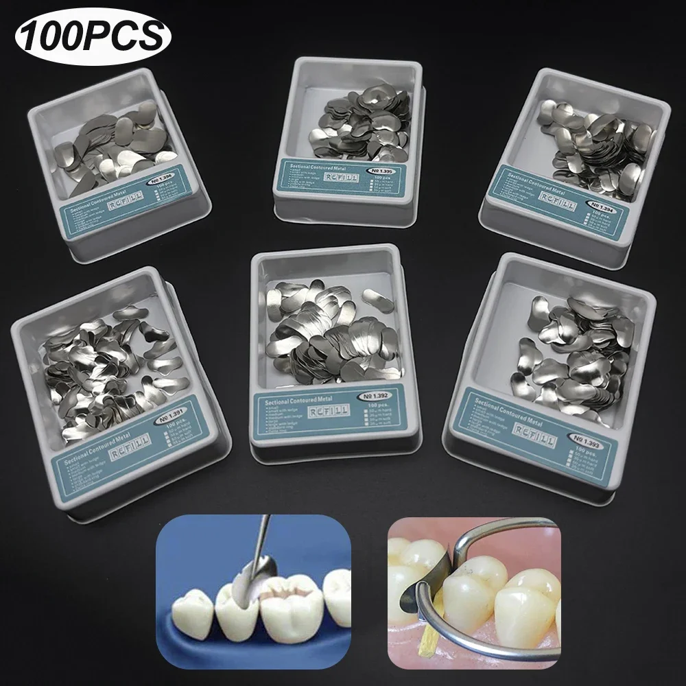 

100Pcs Dental Sectional Matrix Band Kit Contoured Metal Matrices with Rings for Teeth Restoration Dentistry Materials