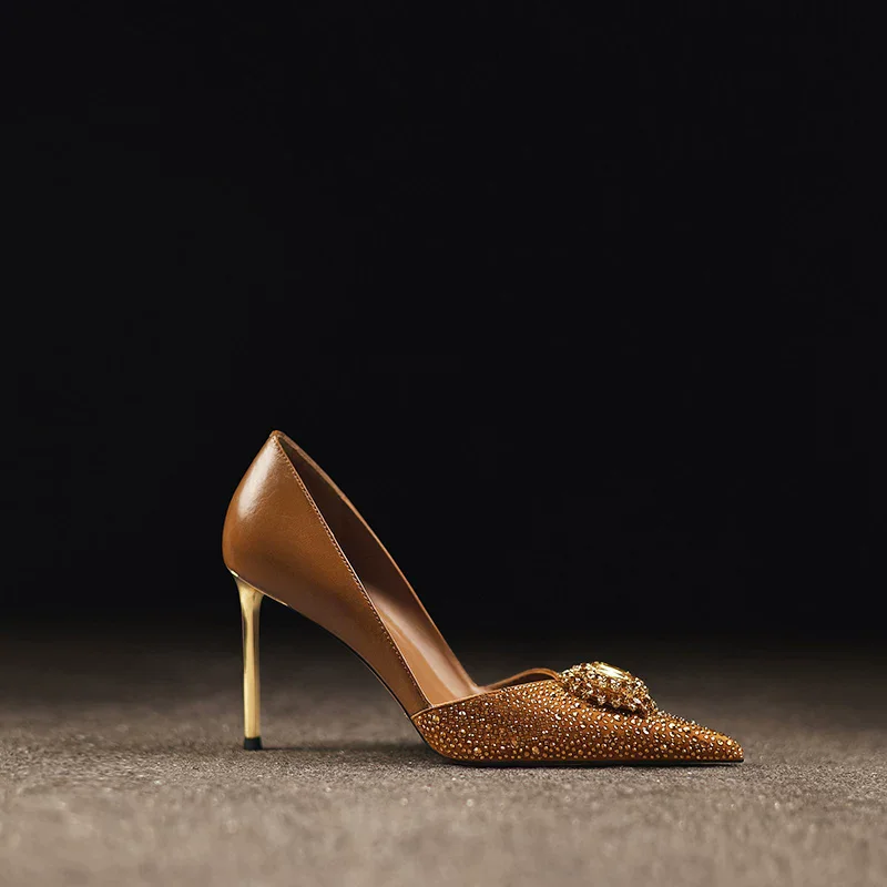Autumn New Pointed Shallow Mouth Leather Splicing Crystal Single Shoes Banquet Dress Versatile Stiletto High Heels Women's Shoes