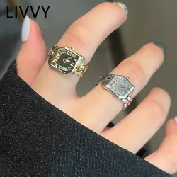 LIVVY Silver Color Vintage Creative Roman Numeral Watch Shaped Rings for Women Unique Design Fashion Trend Jewelry