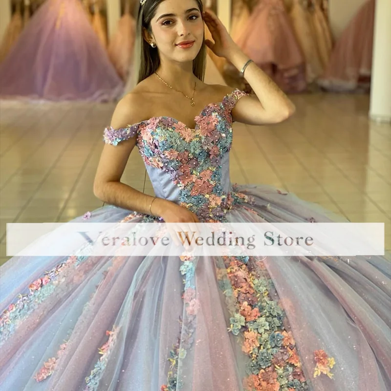 Vestido quinceanera de flores artesanais para meninas, fora do ombro, céu azul claro, festa de formatura, 2020