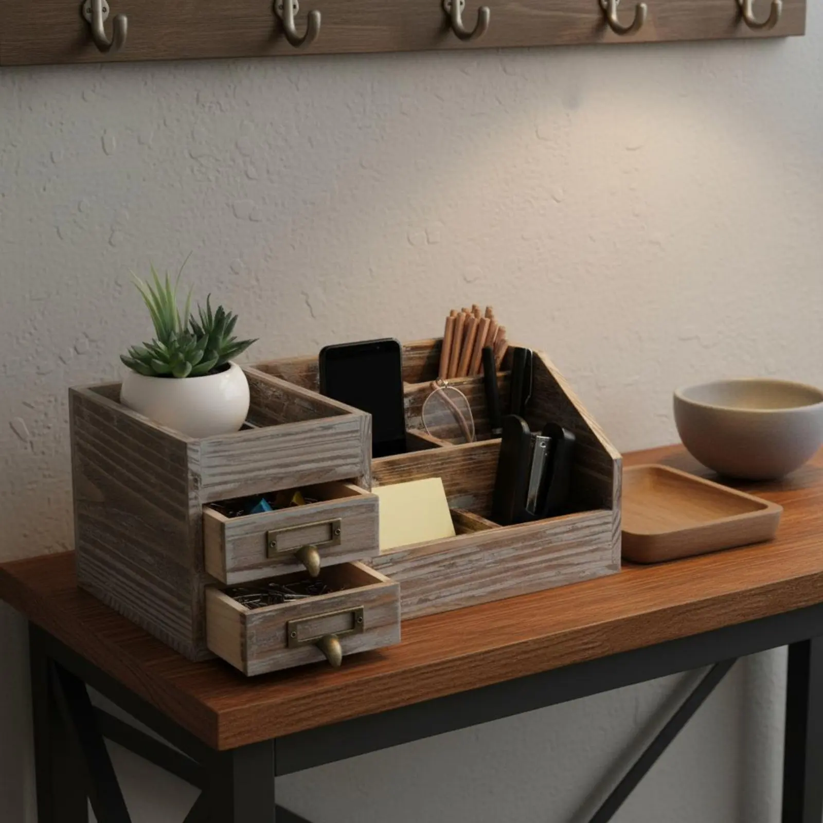 

Wooden Desktop Organizer with Drawers Space Saving Multi-Compartment Desk Holder Rustic Office Supply Holder for Countertop