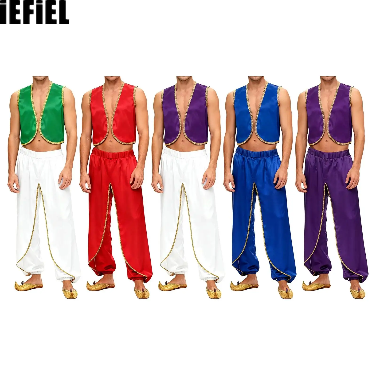 

Men Arabian Prince Cosplay Costume Sets Gold Trim Open Front Vest And Baggy Pants India Dhoti Palazzo Trousers for Halloween