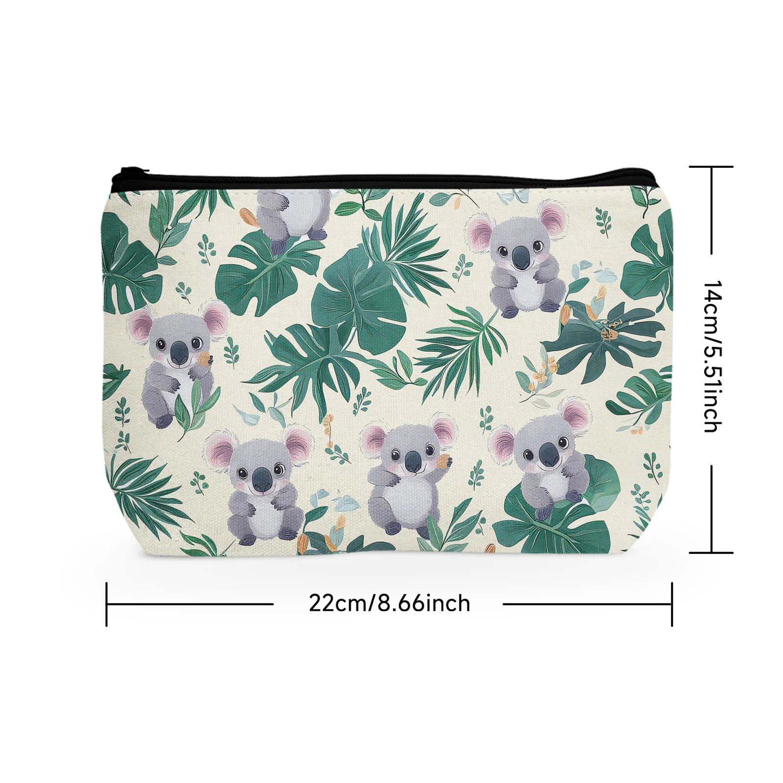 1Pc Cute Cartoon Koala Cosmetic Bag Tropical Leaves Plant Animal Theme Beige Background Cosmetic Bag