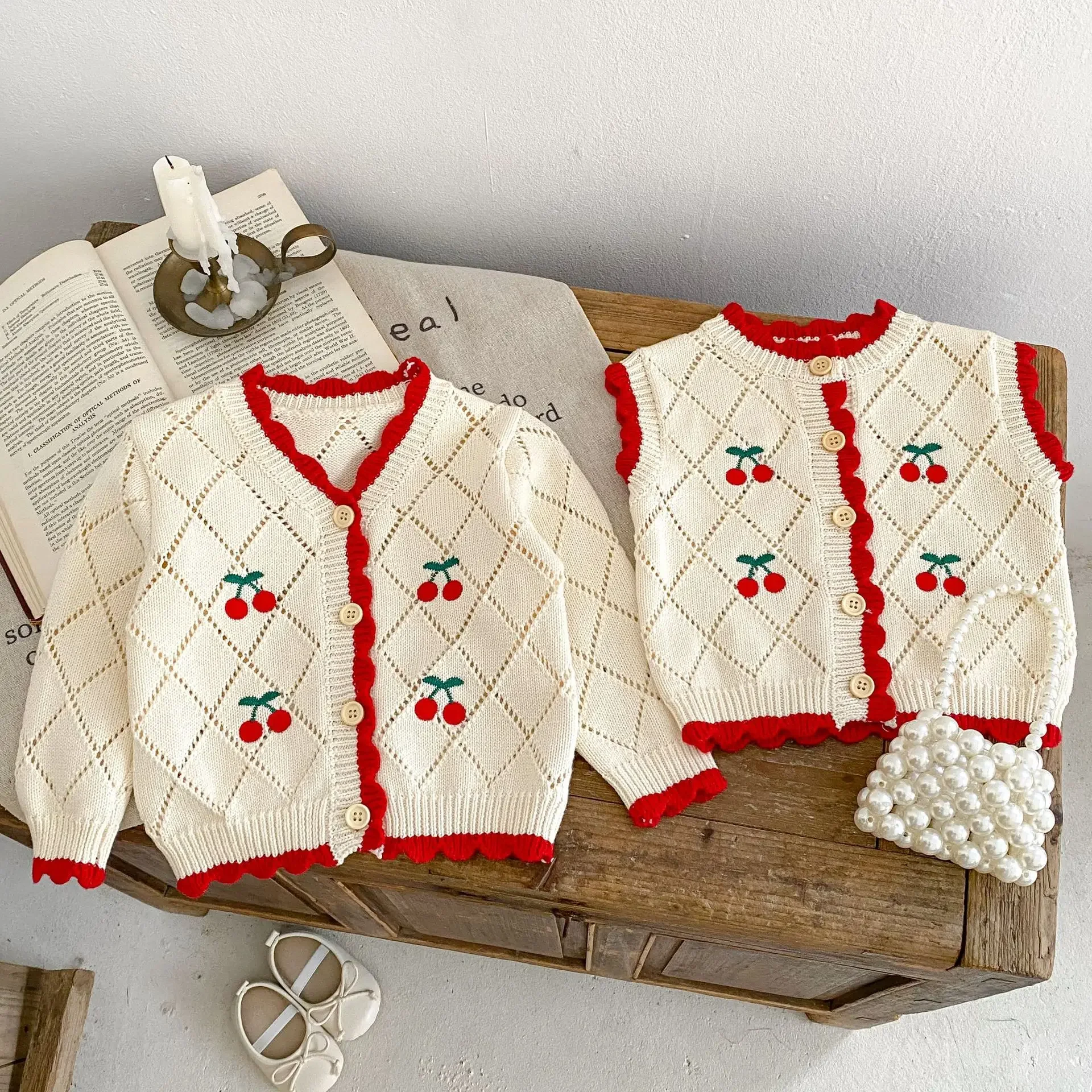 

Kids Girls Sweater 2025 Autumn Baby Cardigan Cute Cherry Embroidery Knit Sweaters Vest Long Sleeve Cardigan