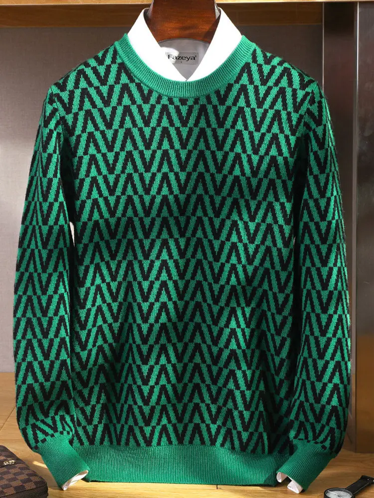 

100% Australian wool crew neck thickened jacquard solid color sweater business casual light luxury cashmere knitted sweater