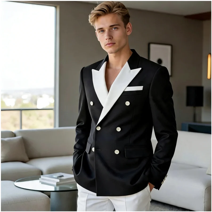 

Formal Men Suits 2 Pieces Double Breasted Blazer White Pants Wedding Groom Smart Casual Prom Daily Outfits Custom Male Suit