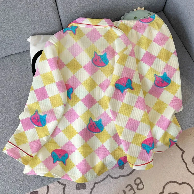 Y2K Colourful Plaid Cat Print Women's Pajamas Set Lapel Neck Autumn Winter New 2 PC Set Sleepwear Sweet Cute Fashion Loungewear