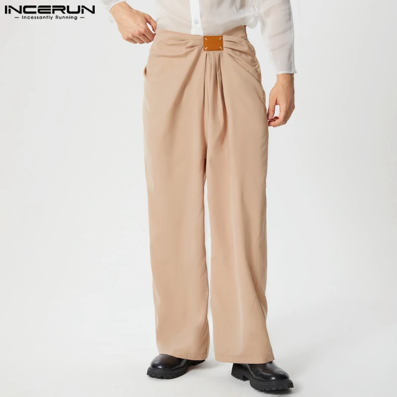 INCERUN Men Fashionable Pants Mid Waist Solid Color Ruffled Streetwear Wide Leg Long Trousers Zipper Up Office Chino Pants