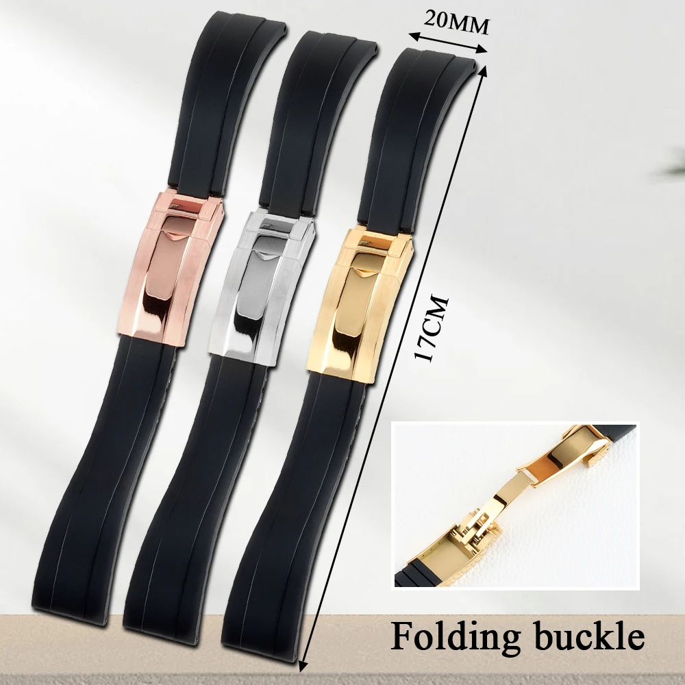 

20mm Black Rubber Watchbands Gold PVD Stainless steel Folding Buckle Strap for 40/36/39mm NH35 Case SUB GMT Yacht Watch Cases